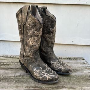 Old West Kids Vintage Charcoal with Fancy Embroidery Snip Toe Western Boots